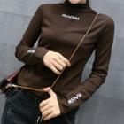 Mock-neck Long-sleeve Embroidered Lettering Fleece Top