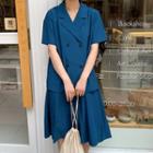 Plain Double-breasted Short-sleeve Blazer / A-line Skirt
