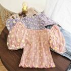 Daisy Print Off-shoulder Mesh Top