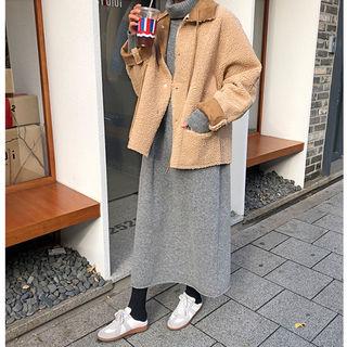 Tie-front Snap-button Faux-shearling Jacket Beige - One Size