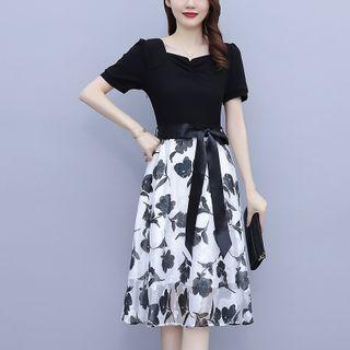 Cutout-back Floral Panel Midi A-line Dress