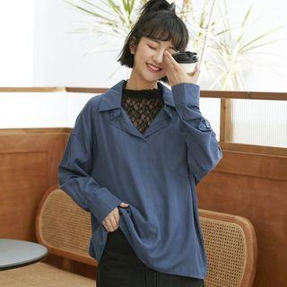 Lace Panel Notch Lapel Blouse