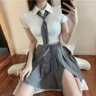 Short-sleeve Top / Tie / A-line Skirt / Set