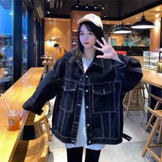 Front Pocket Stitched Button Denim Jacket Black - One Size