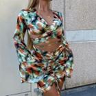Bell-sleeve Print Cutout Drawstring Mini Bodycon Dress