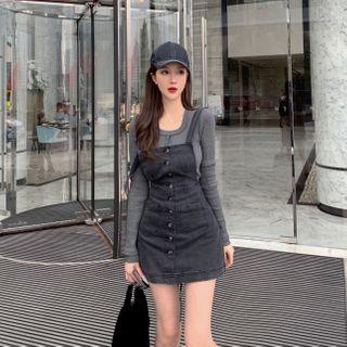 Long-sleeve Top / Denim Jumper Dress