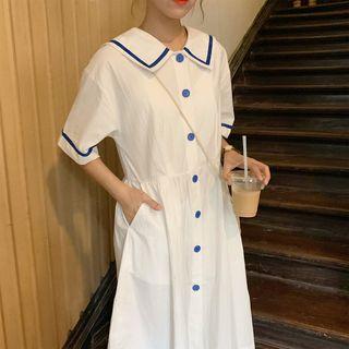 Contrast Trim Short-sleeve Midi Shirt Dress As Shown In Figure - One Size