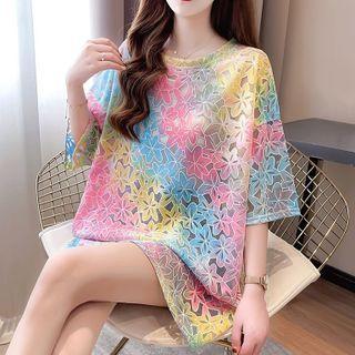 Elbow-sleeve Tie Dye Floral Eyelet T-shirt