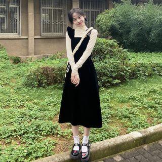 Spaghetti Strap Velvet Midi A-line Dress Dress - Black - One Size