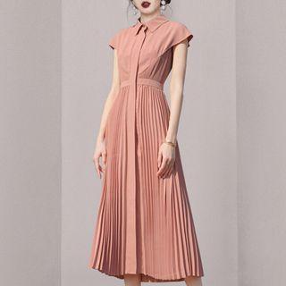 Cap-sleeve Accordion Pleat Midi A-line Shirtdress