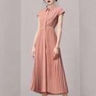 Cap-sleeve Accordion Pleat Midi A-line Shirtdress