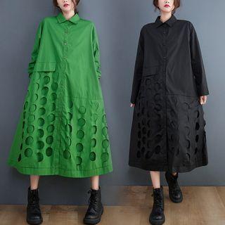 Long-sleeve Cut Out Midi Shift Shirt Dress