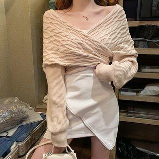 V-neck Cable Knit Top / Faux Leather A-line Dress