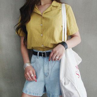 Notched-collar Short-sleeve Linen Blend Shirt