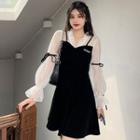 Long-sleeve Mock Two-piece Velvet Mini Dress Black - One Size