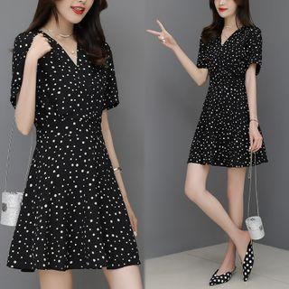 Dotted Short-sleeve Mini A-line Chiffon Dress