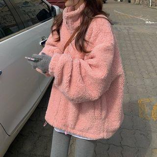 Fleece Oversized Stand-collar Long-sleeve Jacket Pink - One Size
