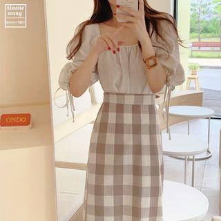 3/4-sleeve Blouse / Plaid Midi Shift Skirt