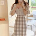 3/4-sleeve Blouse / Plaid Midi Shift Skirt