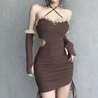 Set: Halter Frill Trim Drawstring Mini Bodycon Dress + Arm Sleeves