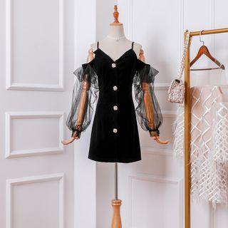 Long-sleeve Cold Shoulder Velvet Playsuit