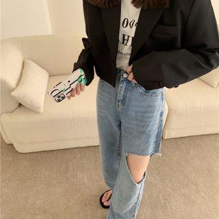 High-waist Washed Ripped Straight-cut Jeans / Plain Cropped Blazer