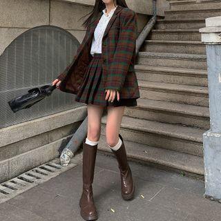 Plaid Blazer / Pleated Mini Skirt / Mock-neck Knit Top