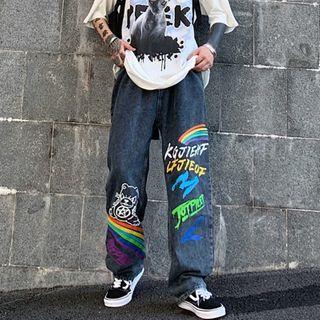 Rainbow Print Straight-cut Jeans