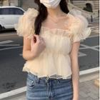 Puff-sleeve Off-shoulder Ruffled Mesh Blouse