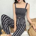Set: Striped Slim-fit Camisole Top + High-waist Wide-leg Pants