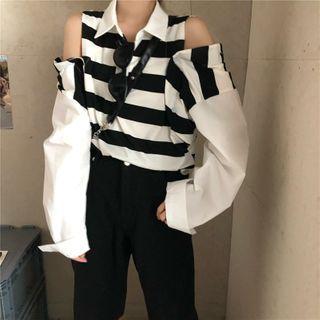 Striped Panel Cold-shoulder Blouse Stripes - Black & White - One Size