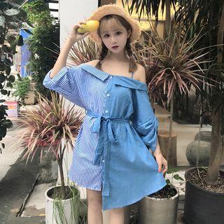 Denim Panel Off Shoulder 3/4 Sleeve Shirt Dress