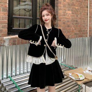 Mock Two-piece Velvet Button-up Jacket / Mini A-line Skirt