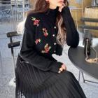 Flower-embroidered Scallop-edge Cropped Cardigan Black - One Size