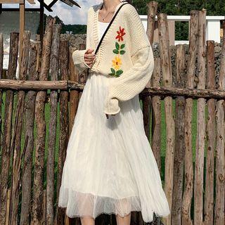 Flower Embroidered V-neck Cardigan / Mesh Midi A-line Skirt