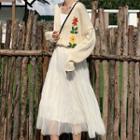 Flower Embroidered V-neck Cardigan / Mesh Midi A-line Skirt