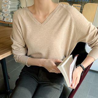 Plus Size V-neck Button-cuff Knit Top