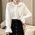 Faux Pearl Trim Tie-neck Blouse