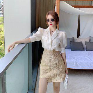 Plain Puff-sleeve Shirt / Pleated Skirt