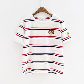 Cat Embroidered Striped Short Sleeve T-shirt