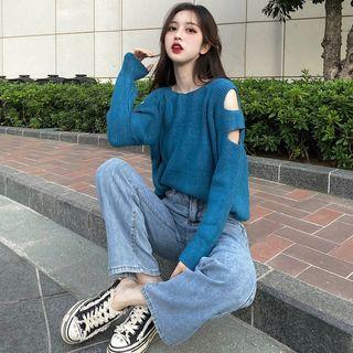 Long-sleeve Cutout Ribbed Knit Top / High-waist Jeans