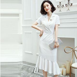 Short-sleeve Striped Asymmetric Ruffled Midi Dress