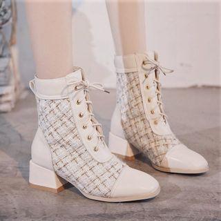 Plaid Lace Up Block Heel Short Boots