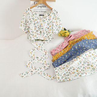Set: Short-sleeve Floral Print Tie-waist Crop Top + Straight Leg Pants