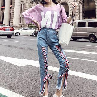 Long Sleeve Sheer Top / Camisole / Fringed Ribbon Accent Denim Jeans / Set