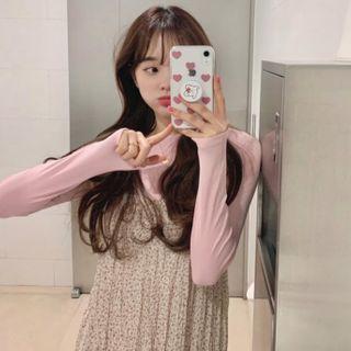 Long-sleeve Plain T-shirt / Spaghetti Strap Floral Print Midi A-line Dress