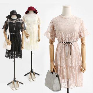 Short-sleeve Tie-waist Lace Dress