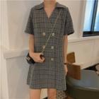 Short-sleeve Plaid Button Shirtdress Dress - One Size