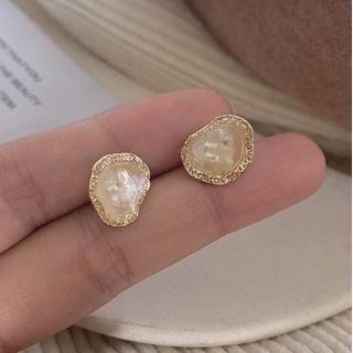 Irregular Pearl Earring 1 Pair - S925 Silver Needle - Earring - Gold Trim - Yellow - One Size