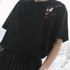 Elbow Sleeve Floral Embroidered Oversized Tee